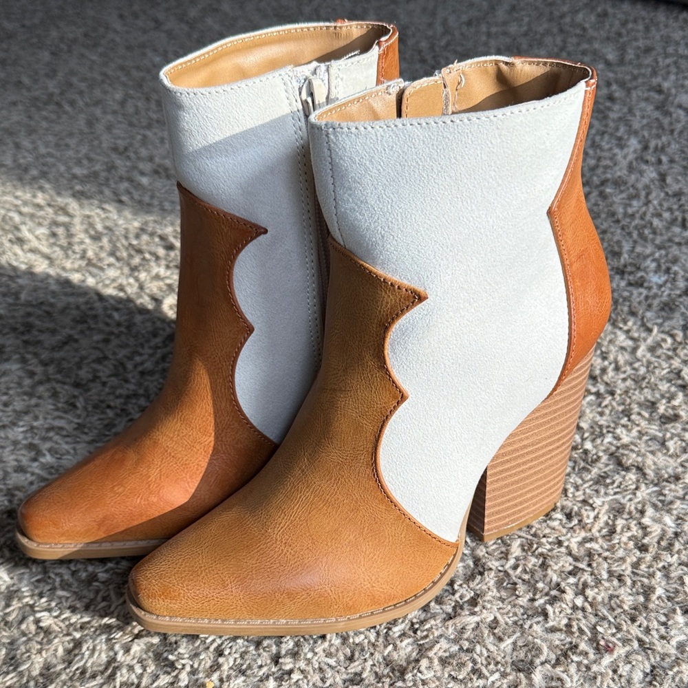 Pink Lily Tan and White Heeled Boots
